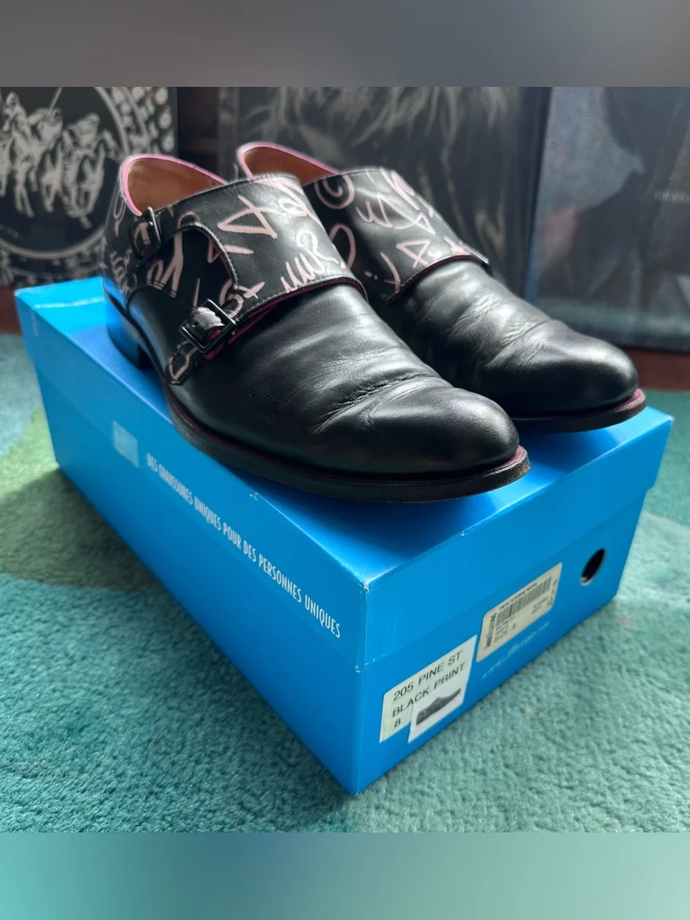 Fluevog Twin Turbine 205 Pine Street black graphic print monk strap shoe -M8/W10